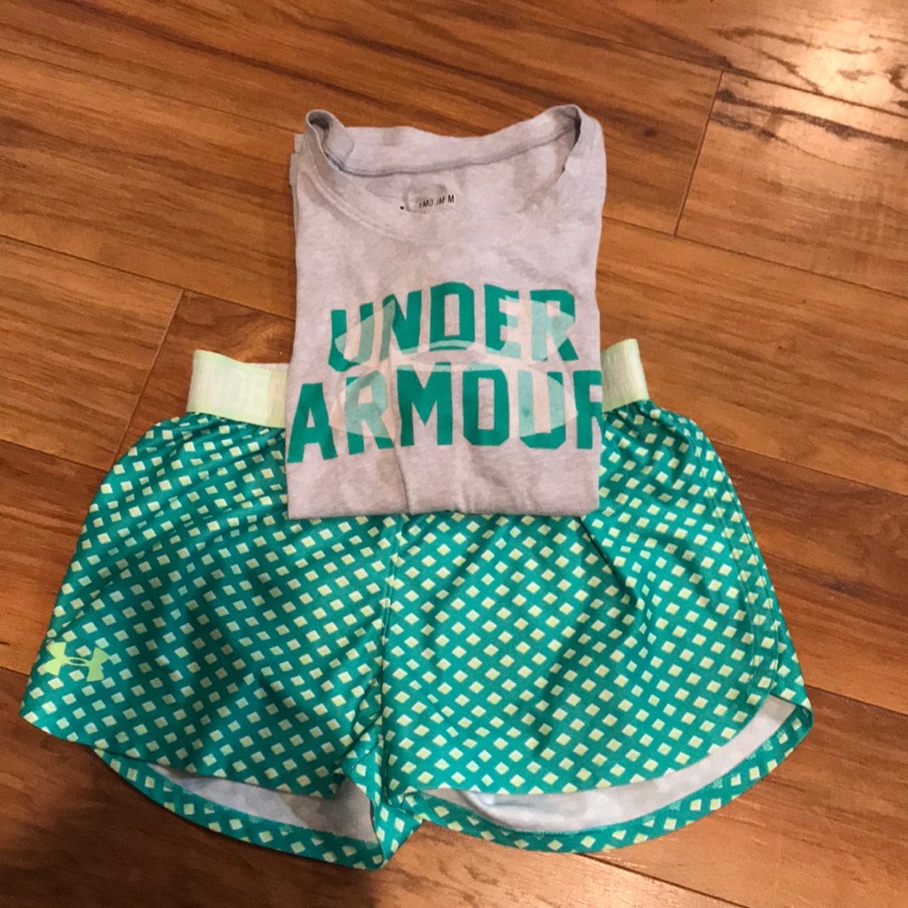 Under Armor shorts and shirt.